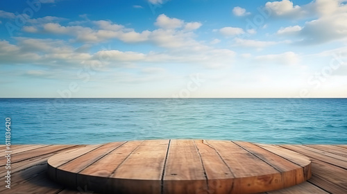 Wooden desk of free space and summer ocean landscape. Generative Ai