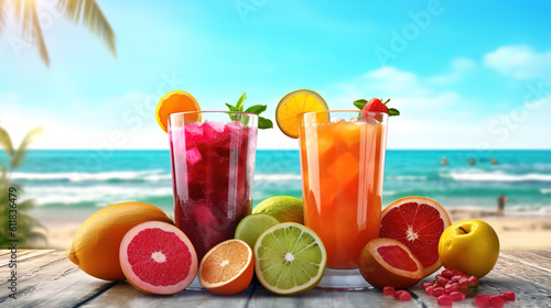 Fresh fruits juice on sea and beach background. Generative Ai