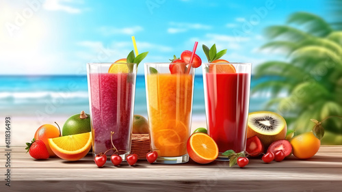 Fresh fruits juice on sea and beach background. Generative Ai
