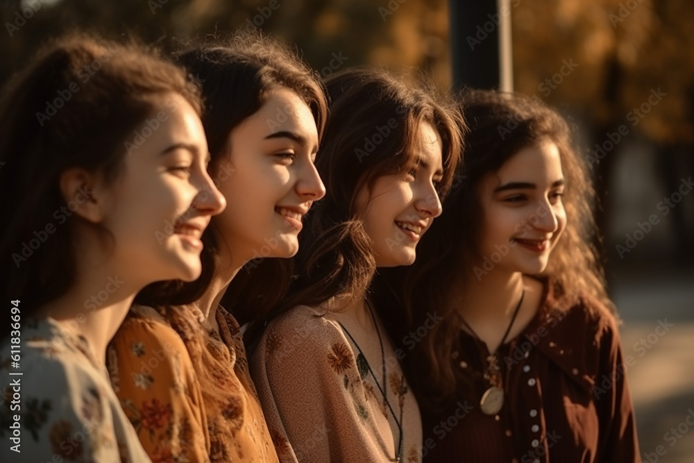 happy girl friends are walking stroll and chit chat and laugh for national girl friend day, a friendship day. Generative AI