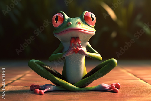 Funny frog do yoga pose on wooden table with a blur background, Generative AI
