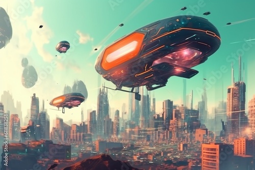 Futuristic Cityscape with Vibrant Colors and Flying Vehicles Created with Generative AI