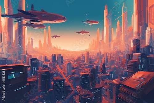 Futuristic Cityscape with Vibrant Colors and Flying Vehicles Created with Generative AI