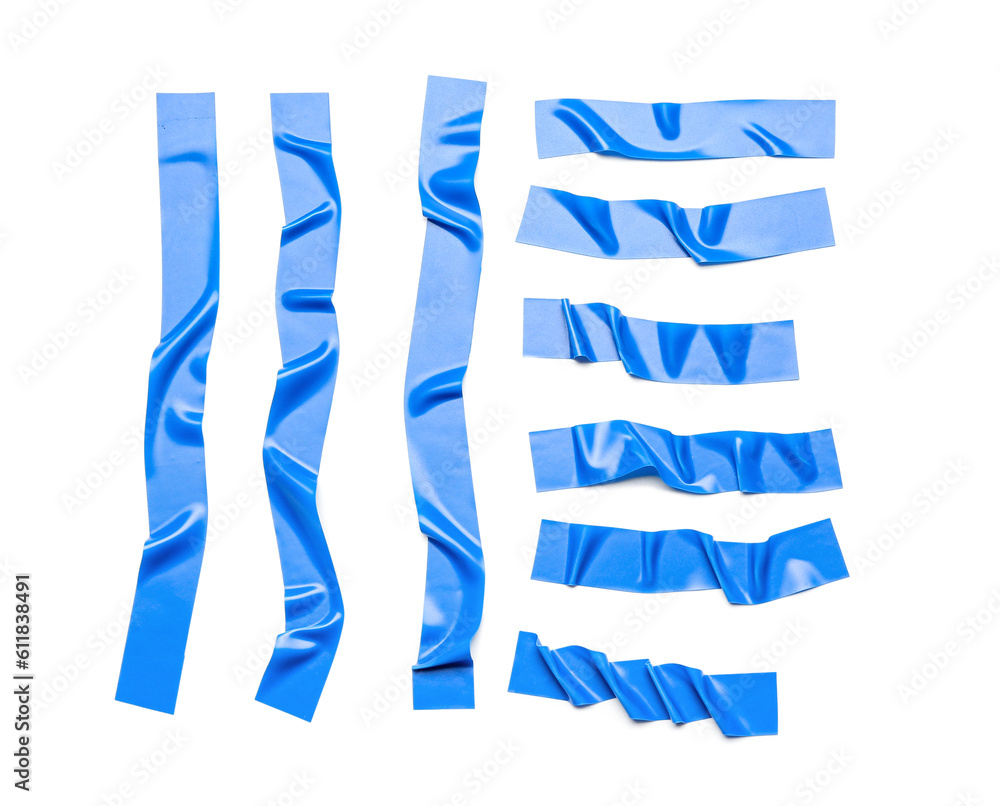 Obraz premium Crumpled blue tape pieces, adhesive strips for repair and graphic design elements