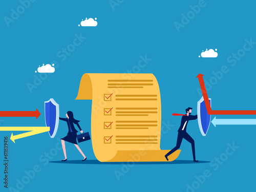 Protection or insurance rules. business team holding shield to protect document