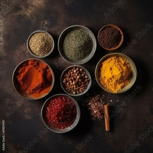 various kinds of spices on dark stone table. generative ai