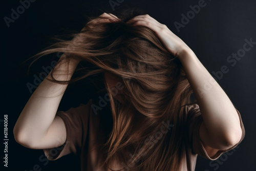 Portrait of american woman covering her face with hair