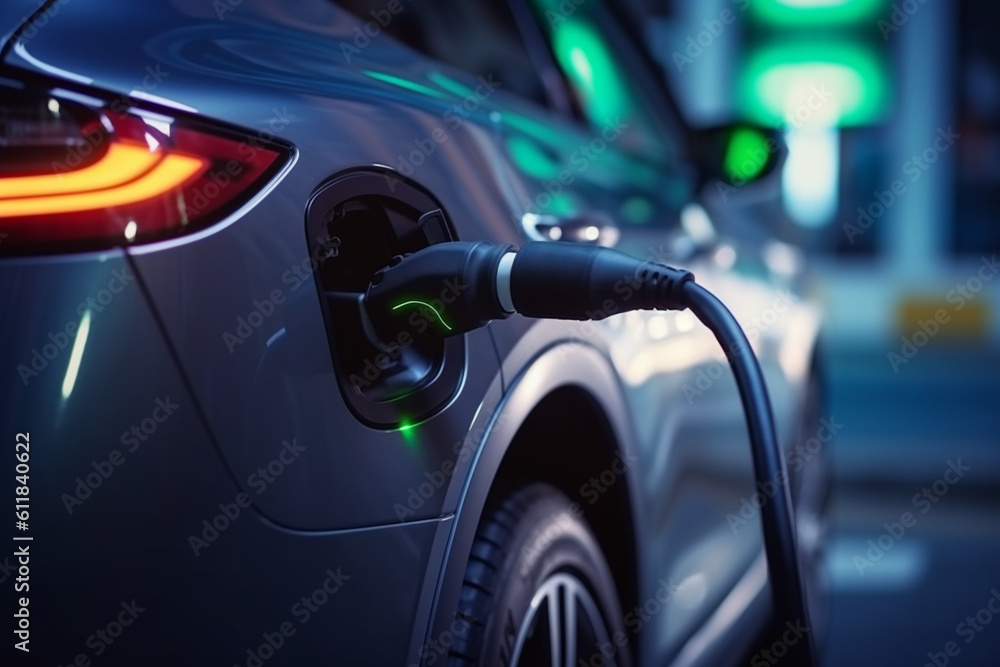 Power supply connect to electric vehicle for charge to the battery, Charging technology industry transport which are the futuristic of the Automobile, EV fuel Plug in hybrid car