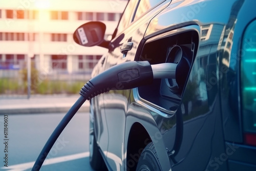 Power supply connect to electric vehicle for charge to the battery, Charging technology industry transport which are the futuristic of the Automobile, EV fuel Plug in hybrid car