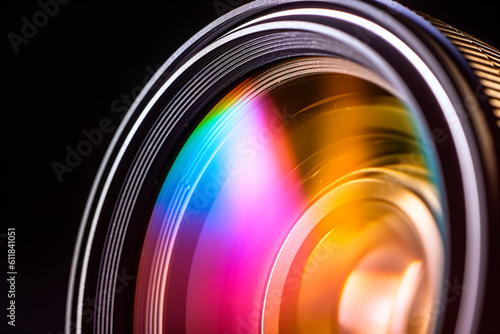 Professional camera lens closeup with colorful reflections