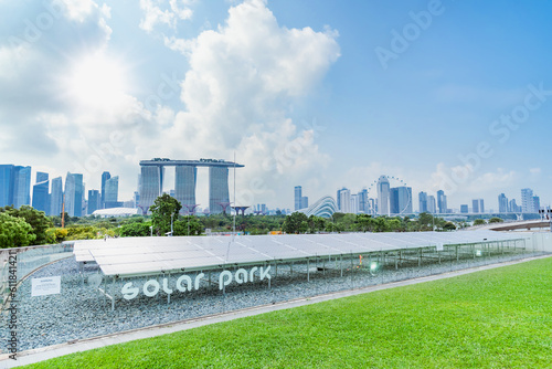 Solar panels energy field at singapore public park with blue sky, New alternative energy from natural, Singapore