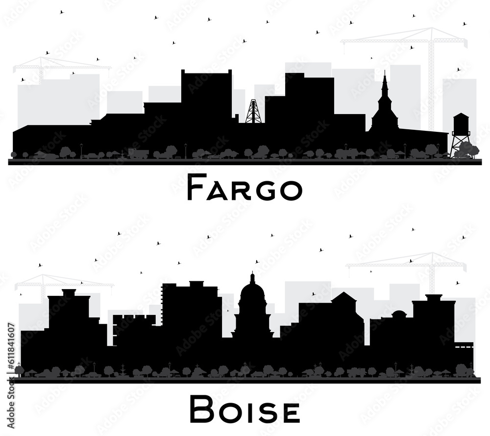 Boise Idaho and Fargo North Dakota City Skyline Silhouette Set.