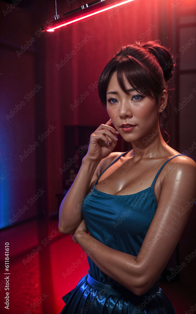 beautiful strong woman in dark room with red and blue light, Generative AI beautiful strong woman in dark room with red and blue light, Generative AI