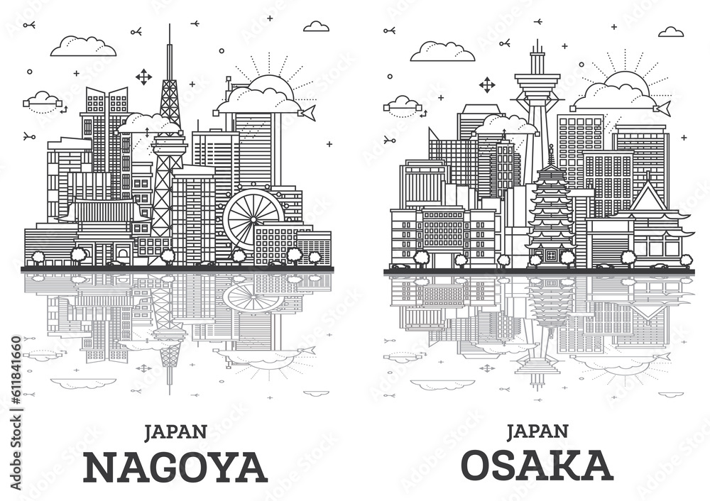 Outline Osaka and Nagoya Japan City Skyline Set with Modern Buildings and Reflections Isolated on White.