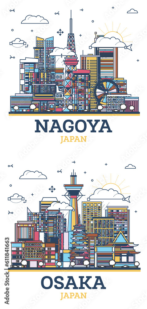 Fototapeta premium Outline Osaka and Nagoya Japan City Skyline Set with Modern Colored Buildings Isolated on White.