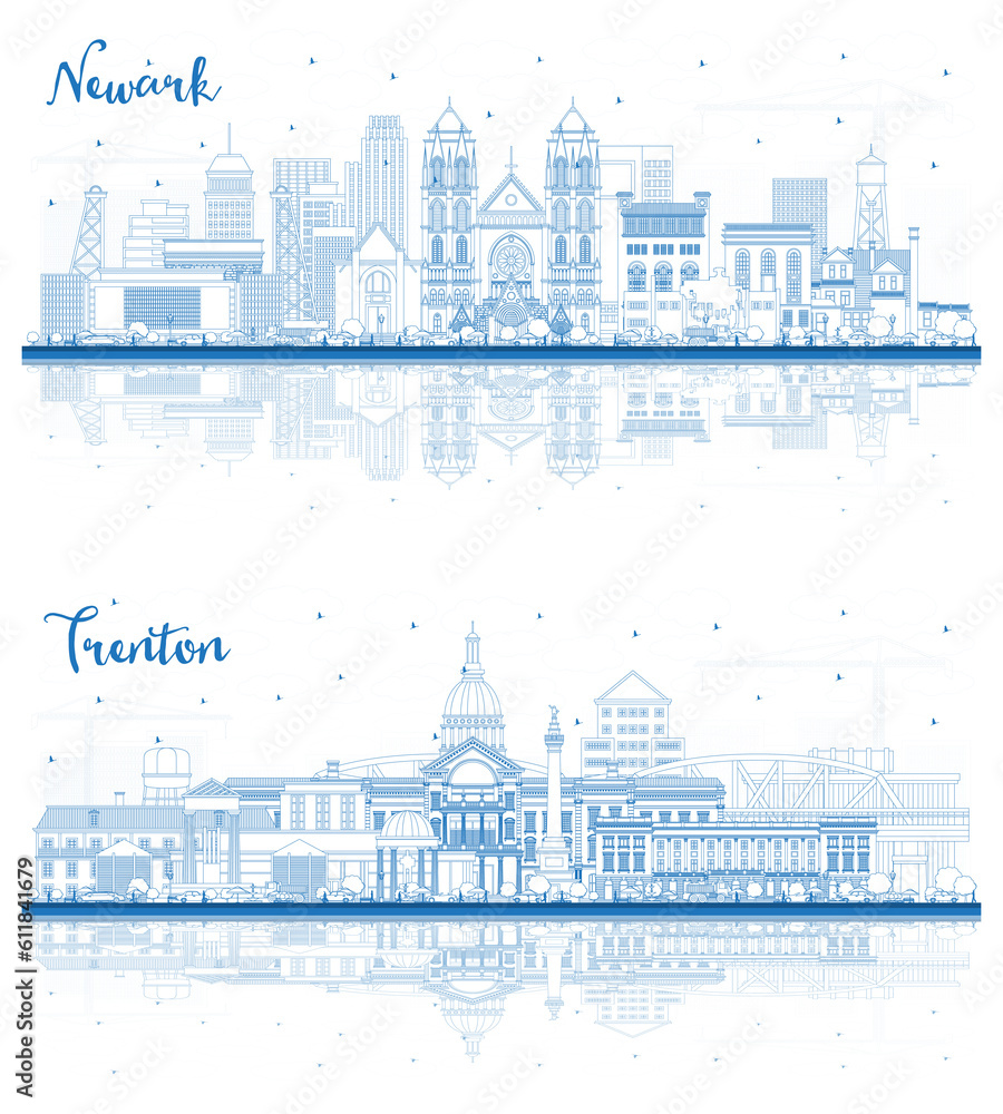 Outline Trenton and Newark New Jersey City Skyline Set with Blue Buildings and Reflections.