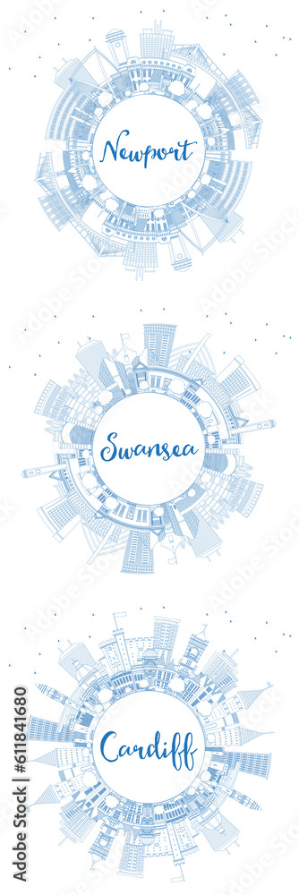 Outline Cardiff, Swansea and Newport Wales City Skyline Set with Blue Buildings and Copy Space. Outline Cardiff, Swansea and Newport Wales City Skyline Set with Blue Buildings and Copy Space.