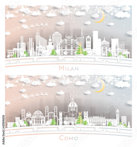 Como and Milan Italy City Skyline Set in Paper Cut Style.
