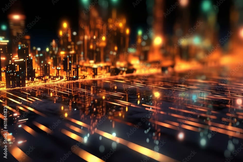 abstract futuristic city of lights with glowing neon and bokeh lights. City of Light concept fantastic wallpaper. Generative A