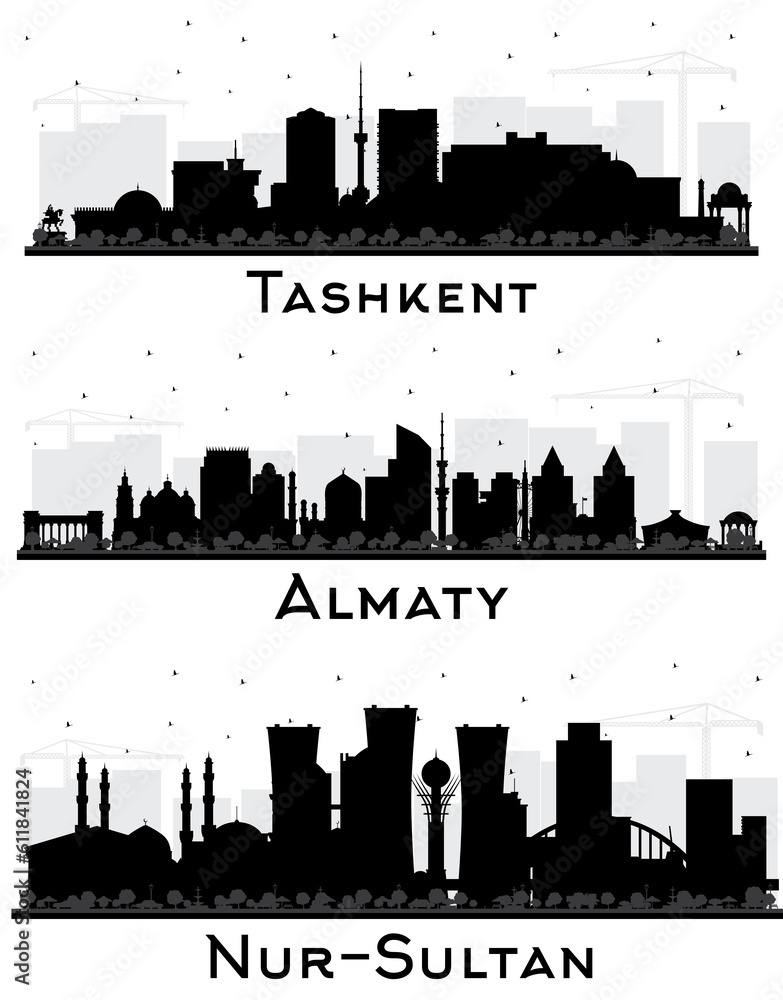 Nur-Sultan, Almaty Kazakhstan and Tashkent Uzbekistan City Skyline Silhouette Set.