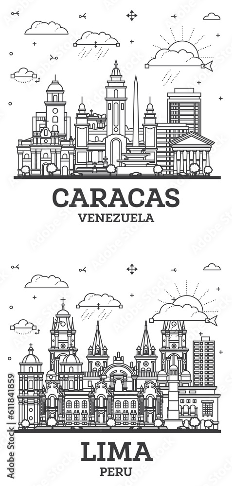 Outline Lima Peru and Caracas Venezuela City Skyline Set with Modern and Historic Buildings.