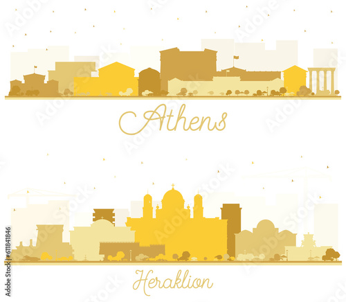 Heraklion and Athens Greece City Skyline Silhouette Set.