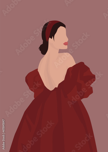 Vector flat image of a young girl in a bright dress. A brown-haired woman with a rim on her head and a fluffy dress. Burgundy bright dress with postcard back. Design for avatars, templates, posters.