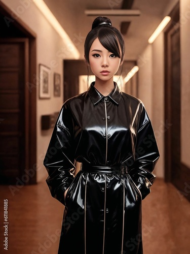 portrait of beautiful asian woman wearing dress at night, Generative AI
