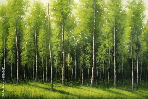 A green forest with a line of green trees. Created with Generative AI technology