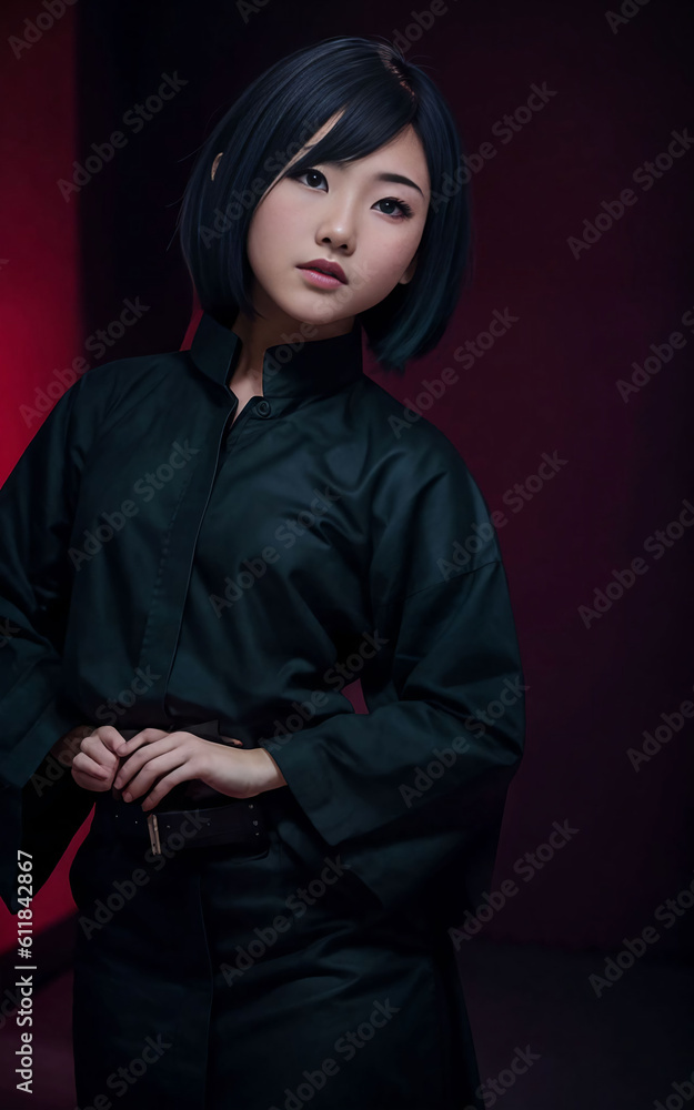 Fototapeta premium woman in black ninja suit at dark room, Generative AI