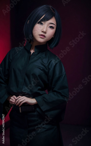 woman in black ninja suit at dark room, Generative AI