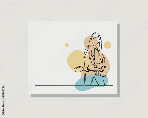 Continuous single one line art drawing of woman guitarist guitar player musician artist in boho bohemian style design vector illustration