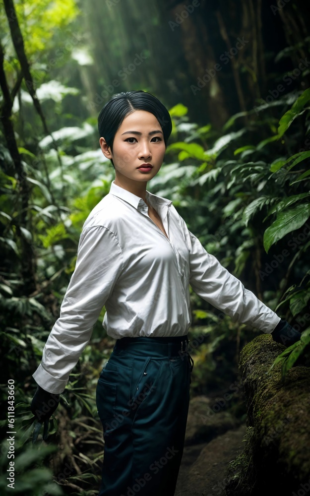 asian woman in dark scary deep forest , Generative AI asian woman in dark scary deep forest , Generative AI