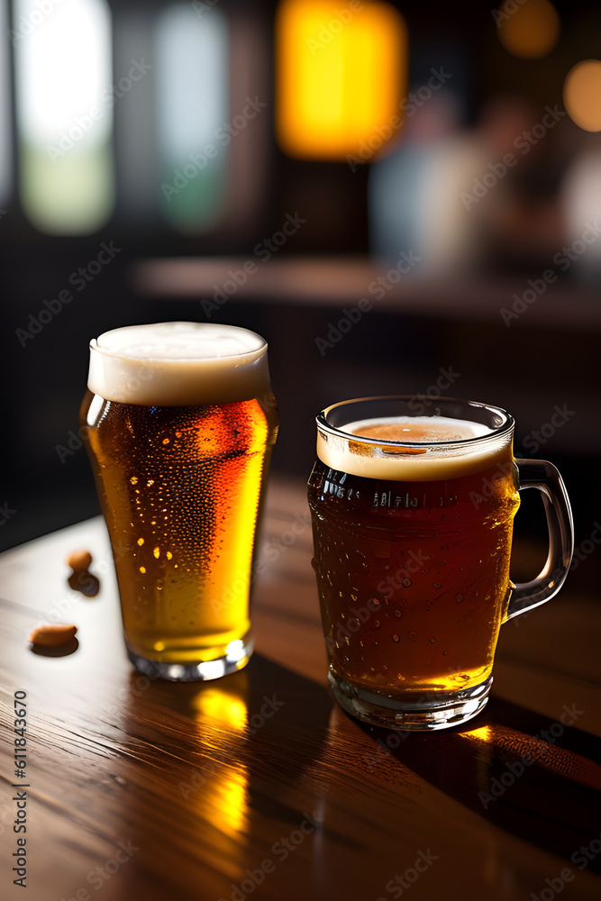 An ice cold glass of draft beer and peanuts on a table. (AI-generated fictional illustration)
