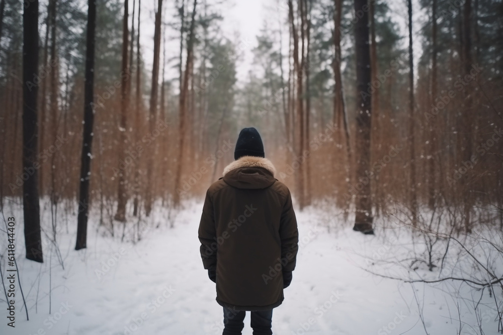 rear view man Walk in winter forest