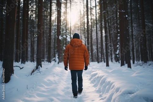 rear view man Walk in winter forest