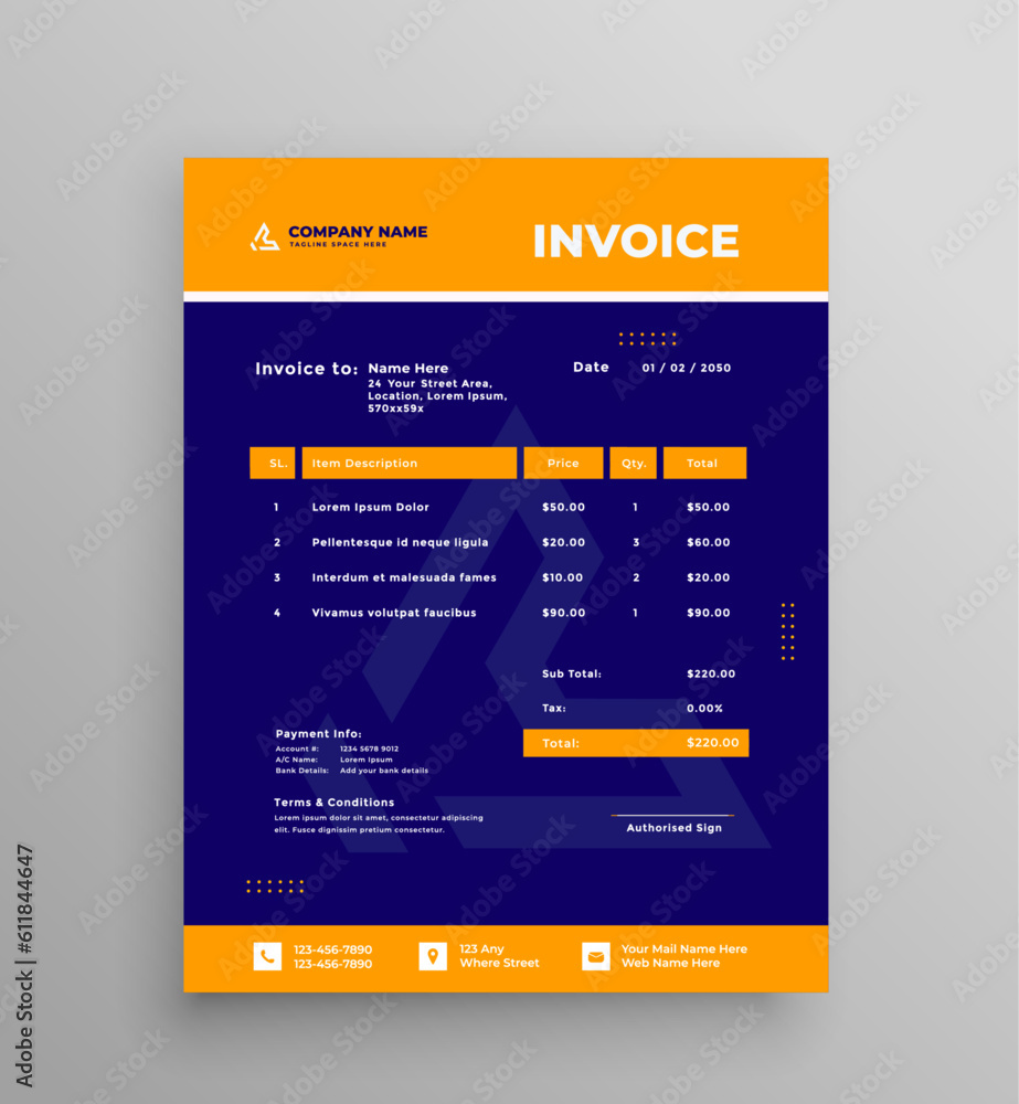 Naklejka premium Corporate modern invoice design template set with blue and yellow colors.