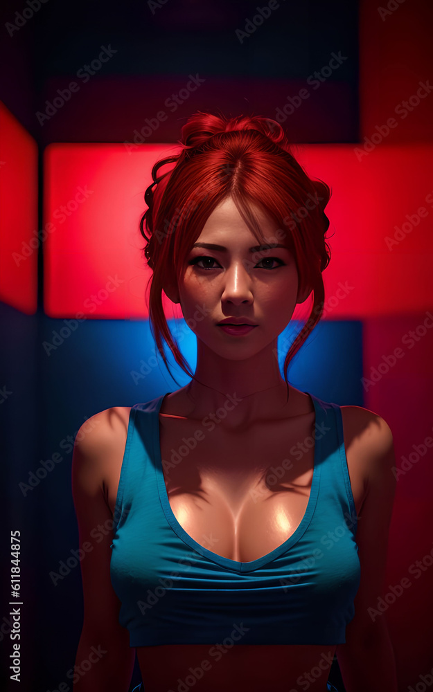 beautiful asian woman in top dress with mixed color blue and red light, Generative AI beautiful asian woman in top dress with mixed color blue and red light, Generative AI
