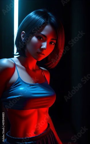 beautiful asian woman in top dress with mixed color blue and red light, Generative AI
