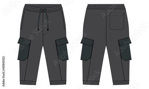 Fleece cotton jersey basic Sweat pant technical fashion flat sketch template front and back views. Apparel jogger pants vector illustration mock up for kids and boys. Fashion design drawing CAD.
