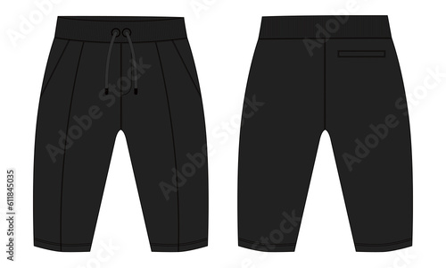 Basic Sweat pant technical fashion flat sketch template front and back views. Apparel Fleece Cotton jogger pants vector illustration Black Color mock up for kids and boys. Fashion design drawing CAD. 