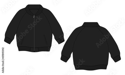 Long sleeve with zipper and pocket jacket sweatshirt technical fashion flat sketch vector illustration template. Apparel sweater Jacket Flat drawing vector black color mock up CAD.