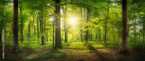 A green forest with the sun shining through the trees. Created with Generative AI technology © mafizul_islam