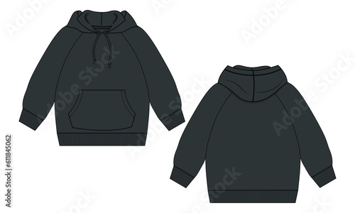 Hoodie. Technical fashion flat sketch Vector template. Cotton fleece fabric Apparel hooded with zipper sweatshirt illustration black color mock up Front, back views. Clothing outwear Men's top CAD.