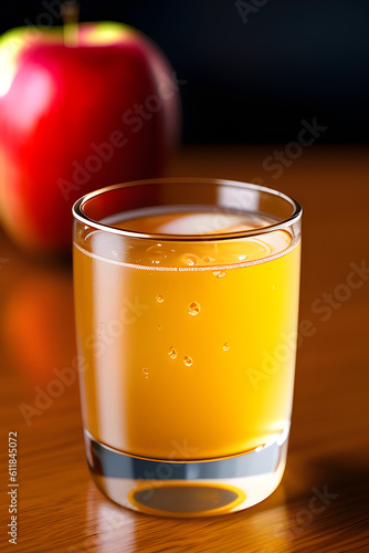 An ice cold glass of apple juice and apples on a table. (AI-generated fictional illustration)