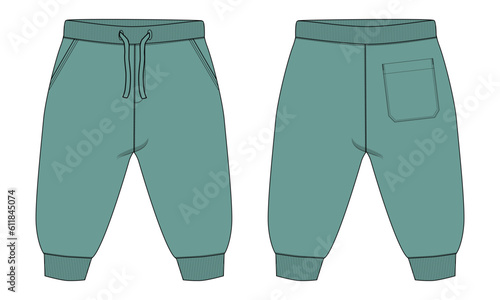 Sweatpants Fashion flat sketch vector illustration template For Kids. Apparel Clothing Design green color  Mock up Cad isolated on white background
