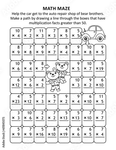 Math maze to learn or reinforce multiplication with car and bears mechanics
