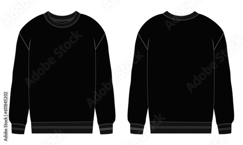Long sleeve sweatshirt technical fashion flat sketch vector illustration Black Color template front and back views.
