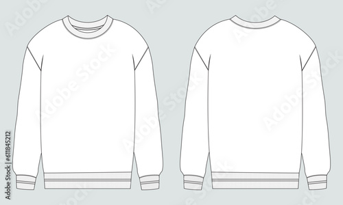 Long sleeve Sweatshirt technical fashion flat sketch vector illustration template front and back views. Fleece jersey sweatshirt sweater jumper for men's and boys.