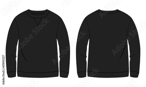 Long sleeve sweatshirt technical fashion flat sketch vector illustration Black Color template front and back views.